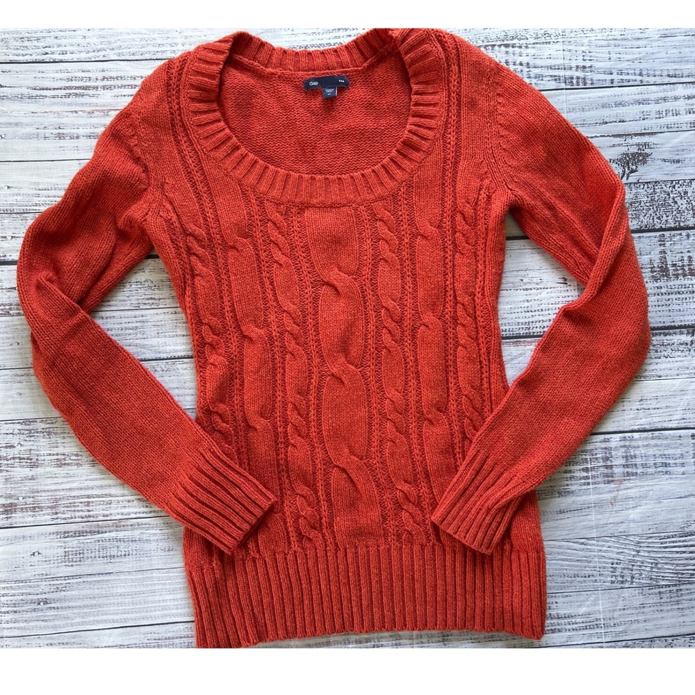Gap‎ Cable Knit Sweater Y2K Women Orange Scoop Neck Long Sleeve XS
